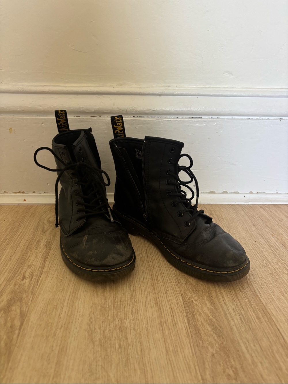 Dr. Martens Black Leather Lace-Up Zip Combat Boots - Kids